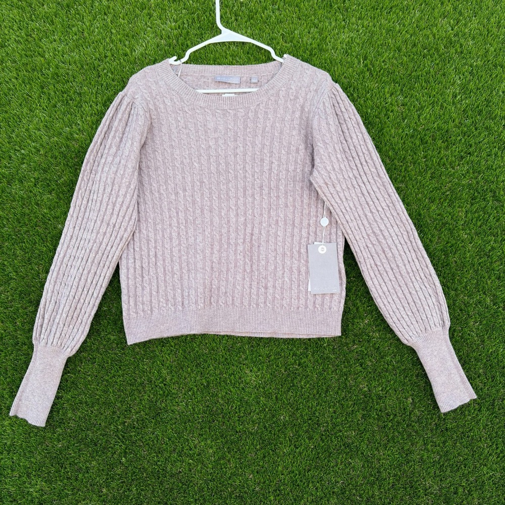 NEW Evolution‎ by Cyrus Womens Slate Gray Cable Knit Puff Sleeve Size L SOFT NWT